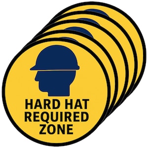 May include: A stack of yellow and black circular stickers. Each sticker features a blue silhouette of a person wearing a hard hat, with the words "HARD HAT REQUIRED ZONE" in black text.