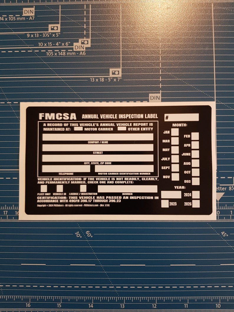 Personalized annual USDOT FMCSA and FHWA Vehicle Inspection Decals. Save time and let us prefill each DOT Inspection Sticker with your truck's information. During checkout, type your company details that you want printed on the decal.