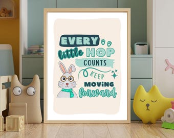 Arte mural motivacional de conejos para niños, decoración de pared para guardería y sala de juegos, descarga digital, juego de 3 diseños adorables, póster para aula, cita para niños