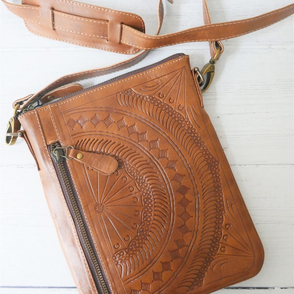 Handmade Leather Crossbody - Womens bag - Boho Crossbody Bag - Woman purse - women gifts, Tooled Leather Bag