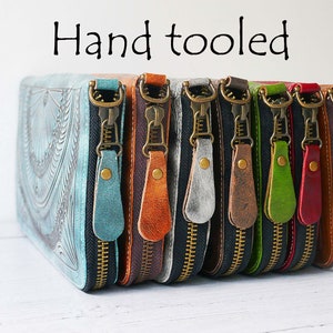 Blau Handgelenktasche. Ledergeldbörse. Brieftasche