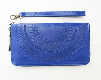 Gifts for her, zip around wallets for women , Ladies purse, Tooled wallet, Bohemian style wallet