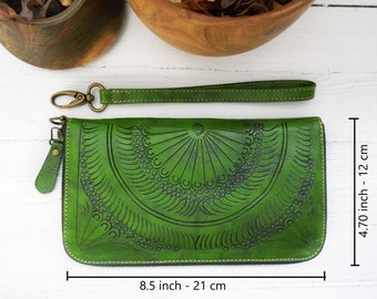 Tooled Cowhide Leather Zip Around Clutch Wallet: Passport Holder