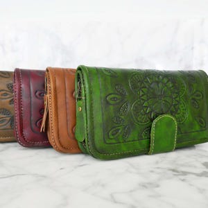 Cartera de piel para mujer - Cartera plegable artesanal para ella - Regalos para mamá