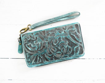 Handcrafted Tooled Leather Zip Around Wallet,  Wristlet Clutch