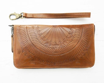 Tooled Leather Zip Around Wallet: Women's Phone Clutch with Wrist Strap