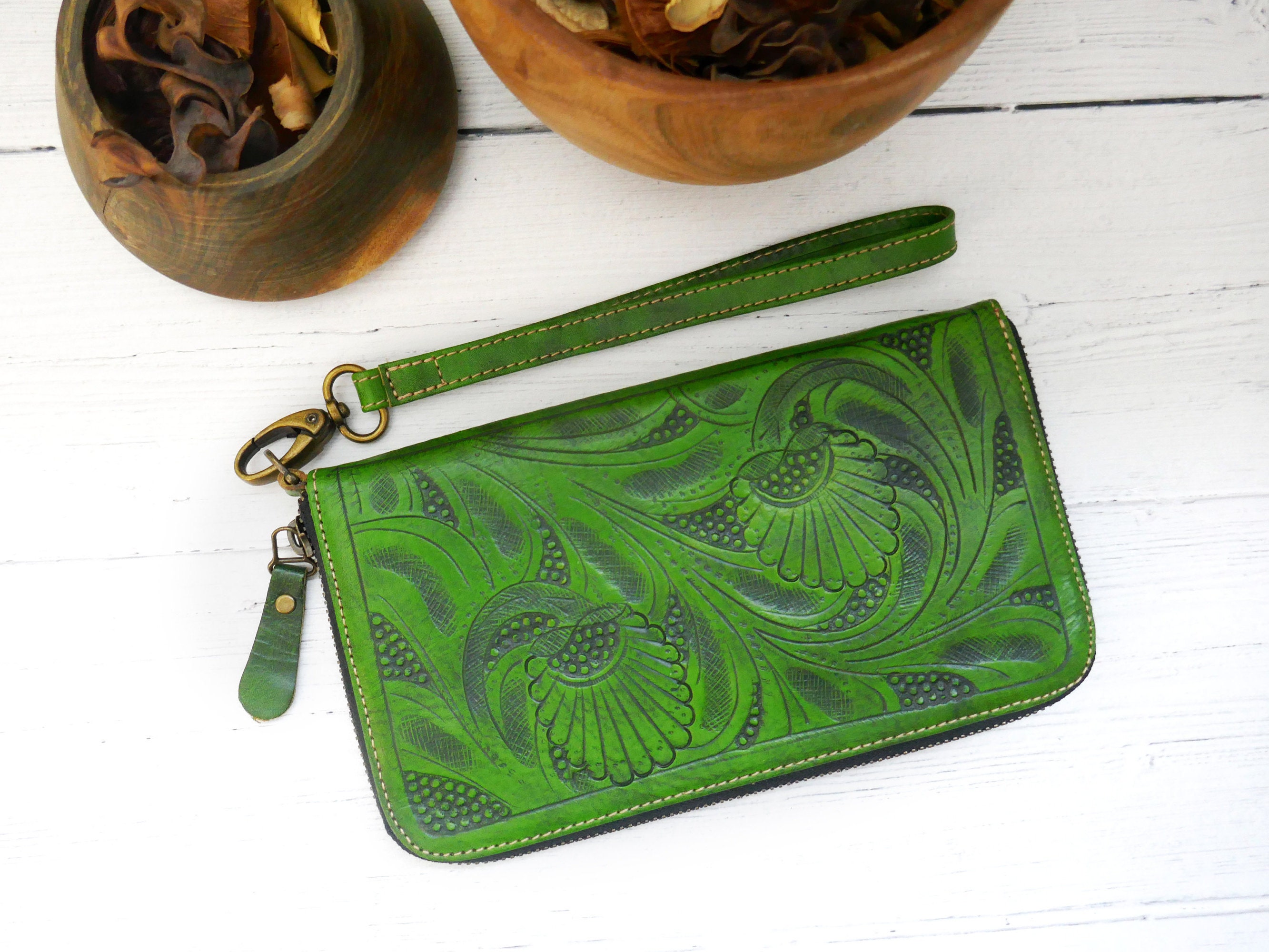 Green wallet Zip Around Wallet Women Leather Wallet Leather | Etsy