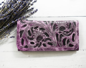 Trifold leather wallet for women, Colourful handmade purses