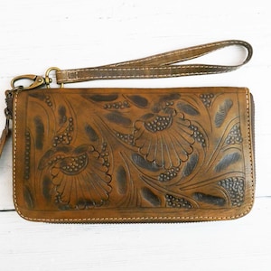 Tooled boho zipper leather women wallets, leather wallet women, Gift for mom