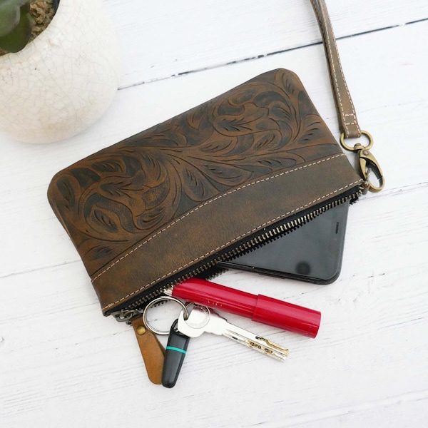 Boho style bag , Small Zippered Pouch, Mini Clutch, Small Leather Clutch Bag, Women's Phone purse