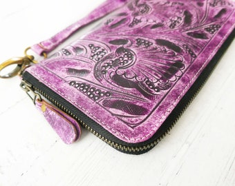 Zip Around Wallet | Portefeuille Wristlet | Cadeau fête des mères | Portefeuille Bohème | Portefeuille en cuir femmes