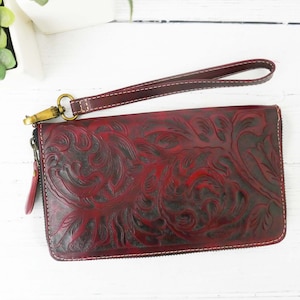 Cartera de muñeca con cremallera hecha a mano, bolso de cuero, cartera de muñeca de cuero