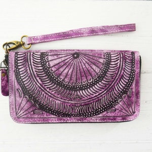 Cartera de cuero hecha a mano para mujer • Cartera de acordeón con cremallera para tarjetas de crédito • Carteras de mandala para mujer