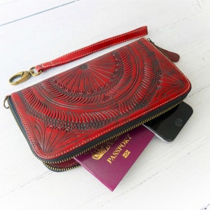 Hand tooled wallet • authentic leather wallets for women • leather wallet women's • zip around wallet • leather gifts for her