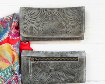 Tooled Leather Trifold Wallet Women, Christmas gifts ideas