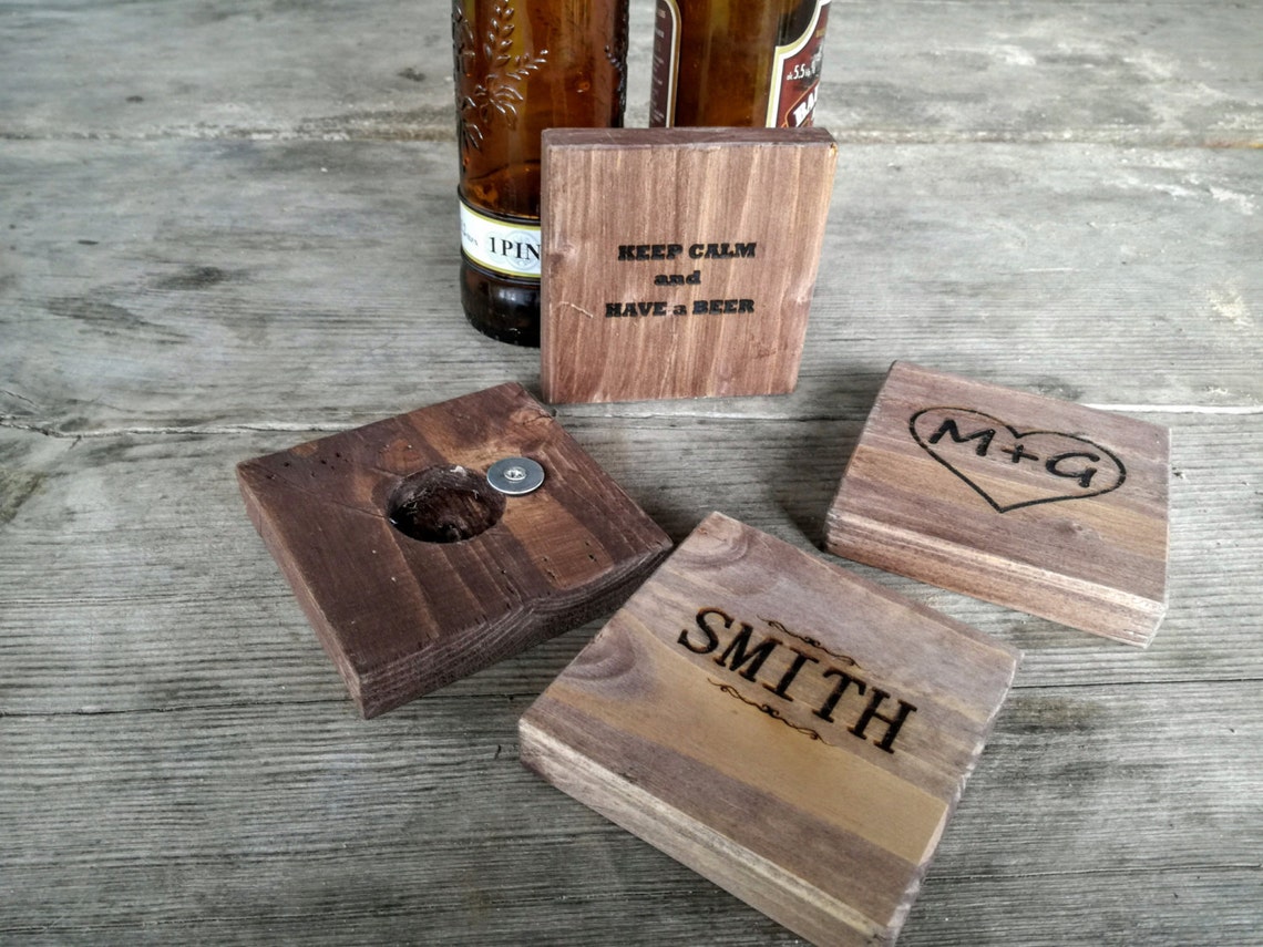 4 Custom Engraved Beer Coasters With Bottle Openers on the Etsy