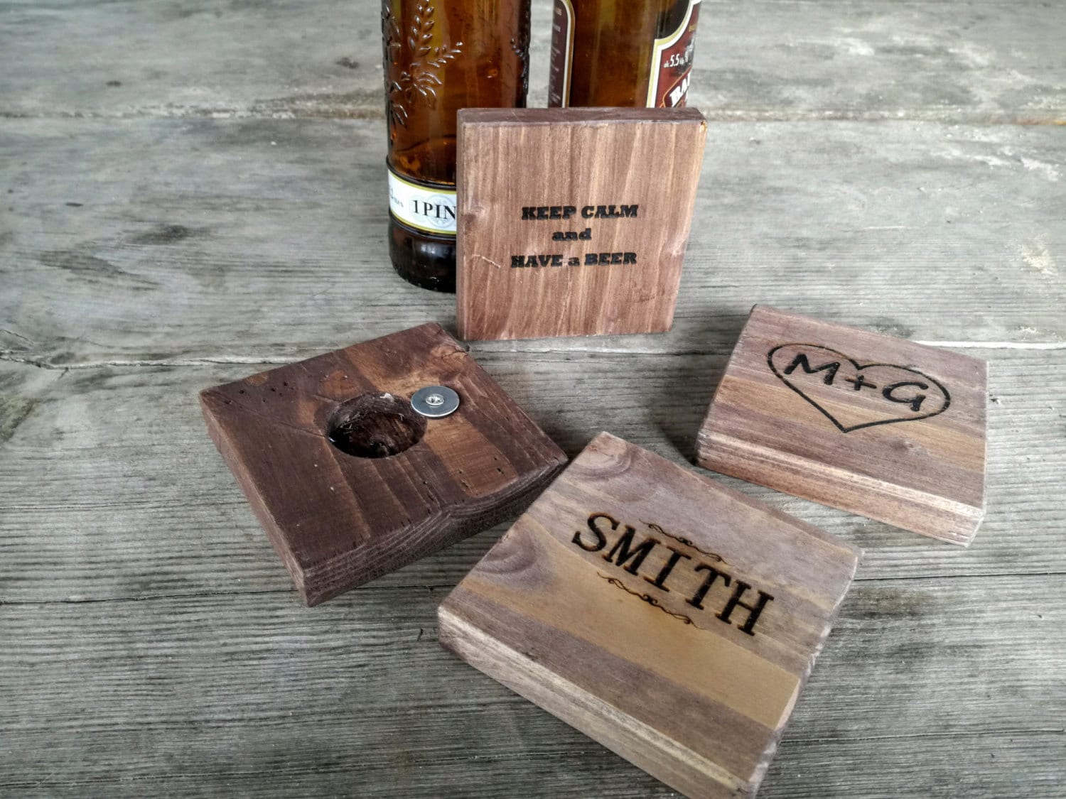 4 Custom Engraved Beer Coasters With Bottle Openers on the Etsy