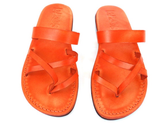 Items similar to Orange MANI Leather Sandals Flip Flop Flats for Men ...