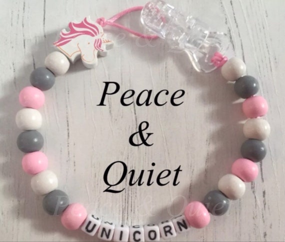 Handmade from The U.K. Baby Shower Gift Pacifier Soother Holder Chains Peace /& Quiet Personalised Baby Girl or Boy Dummy Clips