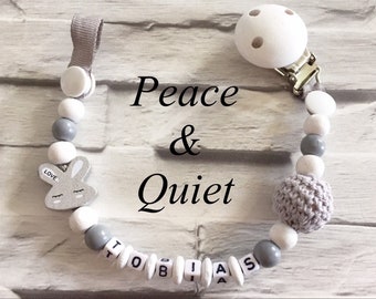 Beautiful handmade Personalised dummy clip, wooden dummy chain, wooden pacifier clip for a boy or girl in grey and white colours.
