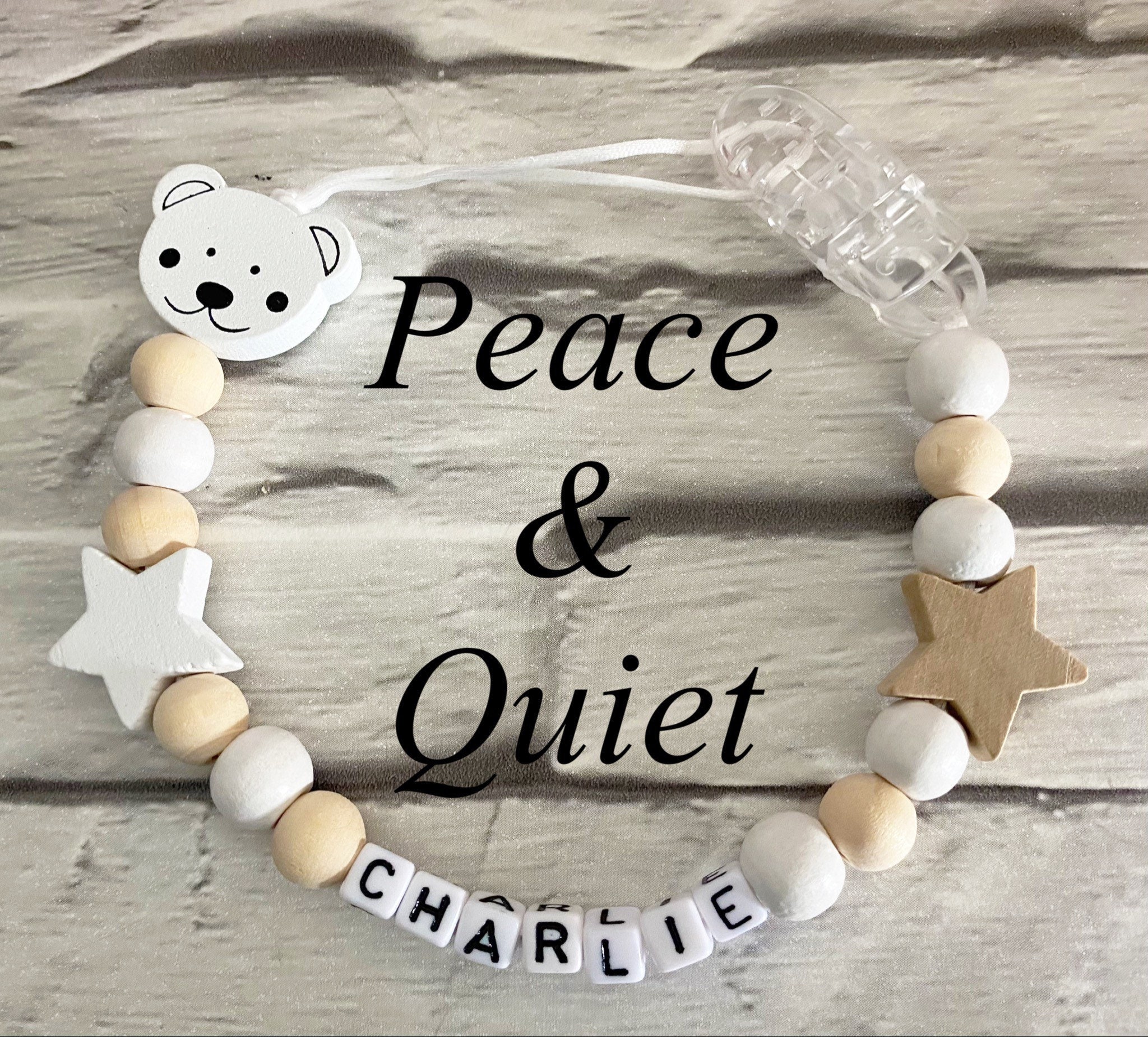 Personalised dummy clip, wooden dummy chain, wooden pacifier clip, girl, boy, star, teddy. White and natural beads