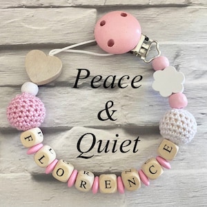 Beautiful handmade Personalised dummy clip, wooden dummy chain, wooden pacifier clip for a girl in baby pink colours.