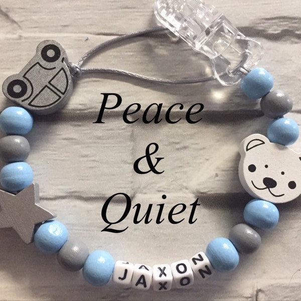 Personalised dummy clip, wooden dummy chain, wooden pacifier clip, boy, natural, blue, grey, with car, star and teddy