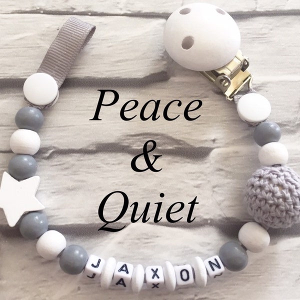 Beautiful handmade Personalised dummy clip, wooden dummy chain, wooden pacifier clip for a boy or girl in grey and white colours.