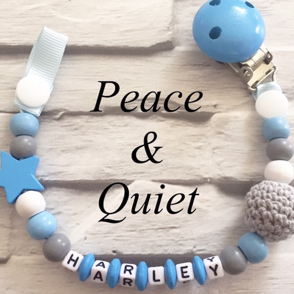 Beautiful handmade Personalised dummy clip, wooden dummy chain, wooden pacifier clip for a boy in baby blue colours.