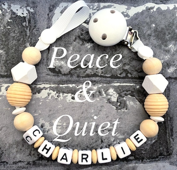 Personalised dummy clip Wooden dummy chain Wooden pacifier clip Baby  shower gift Neutral Wooden Girl Boy White Baby gift