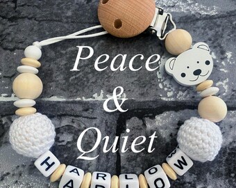 Beautiful handmade Personalised dummy clip, wooden dummy chain, wooden pacifier clip for a boy or girl in natural and white colours. Chunky.