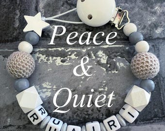Beautiful handmade Personalised dummy clip, wooden dummy chain, wooden pacifier clip for a boy or girl in grey and white colours.