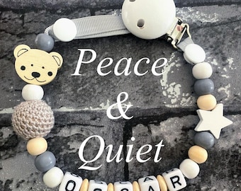Personalised dummy clip | wooden dummy chain | wooden pacifier clip | boy or girl | grey and white colours | soother chain | dummy holder