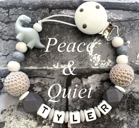 Beautiful Handmade Personalised Dummy Clip, Wooden Dummy Chain, Wooden Pacifier Clip For A Boy Or Girl In Grey And White Colours