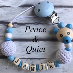 Beautiful handmade Personalised dummy clip, wooden dummy chain, wooden pacifier clip for a boy in baby blue colours.