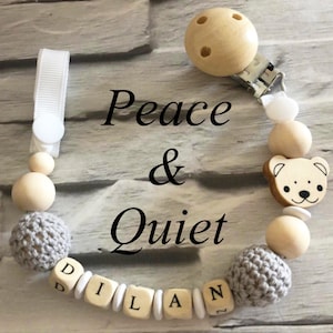 Beautiful handmade Personalised dummy clip, wooden dummy chain, wooden pacifier clip for a boy or girl in grey and white colours.