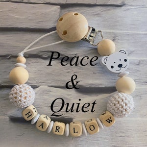 Beautiful handmade Personalised dummy clip, wooden dummy chain, wooden pacifier clip for a boy or girl in natural and white colours.