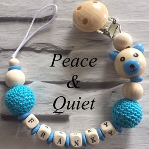Beautiful handmade Personalised dummy clip, wooden dummy chain, wooden pacifier clip for a boy in baby blue colours.