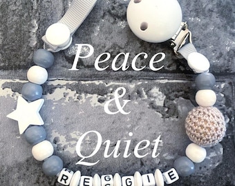 Personalised dummy clip | wooden dummy chain | wooden pacifier clip for a boy or girl | grey and white colours | soother chain | ribbon clip