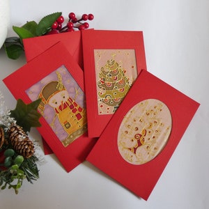 Cartes postales en soie de Noël | Cartes de Noël en soie avec enveloppe | Salutations de Noël sur soie | Carton rouge peint sur soie