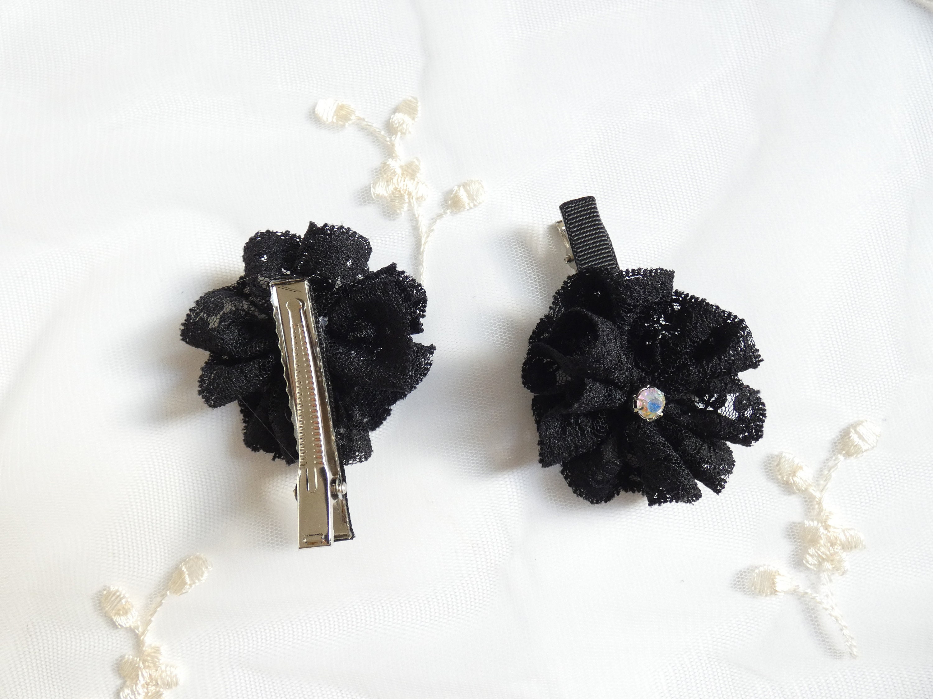 Pair of black lace hair clips with rhinestone Etsy