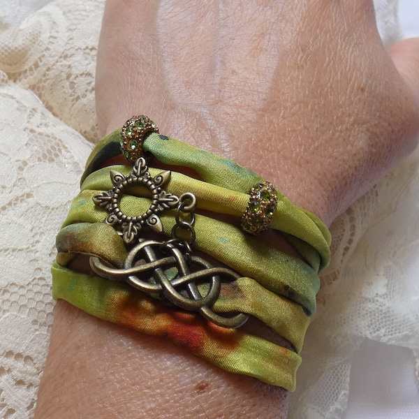 Hand-dyed silk ribbon bracelet with charms