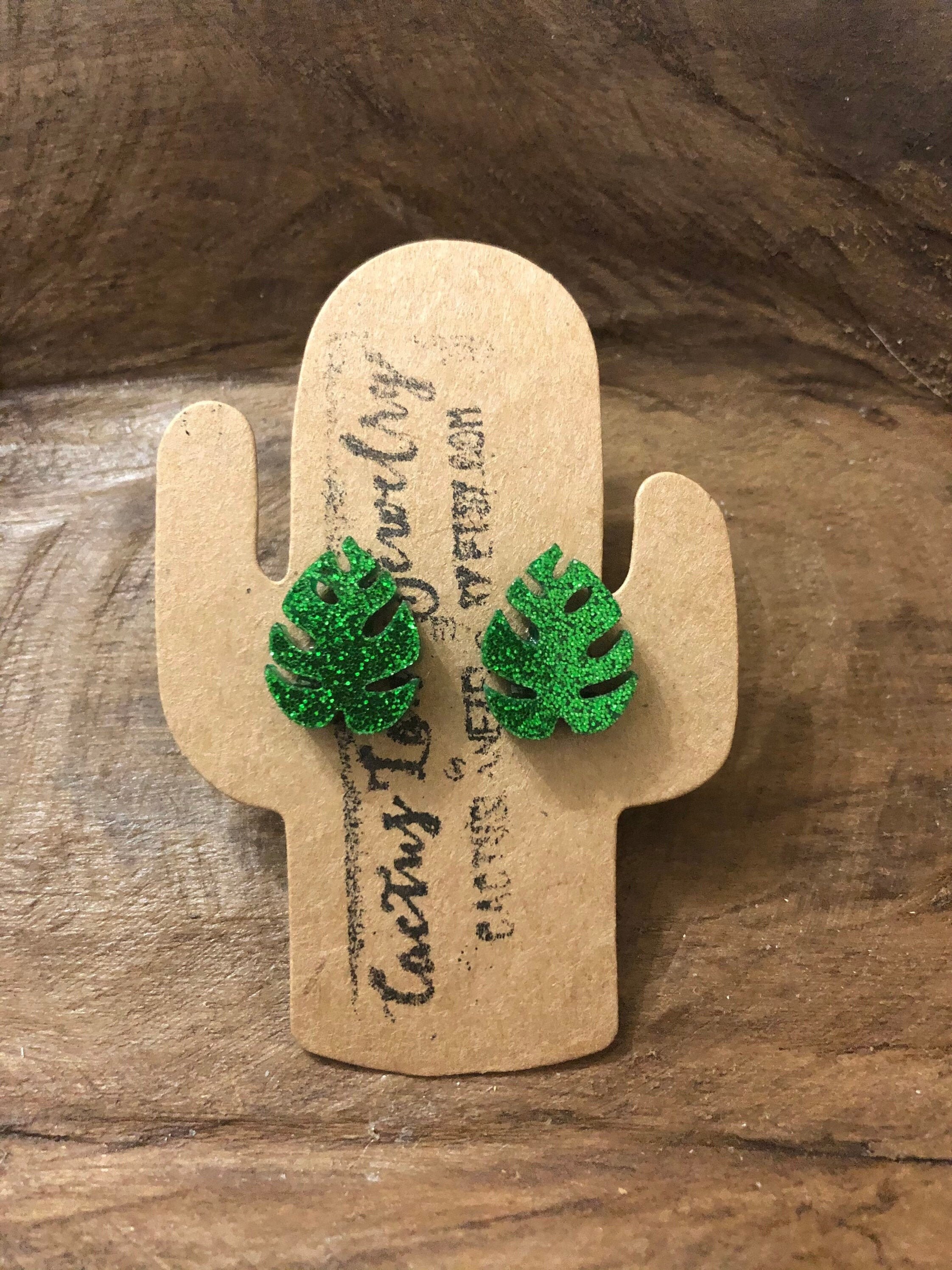 Green Glitter Monstera Studs, Tropical Plant Studs, Palm Leaf Studs, …