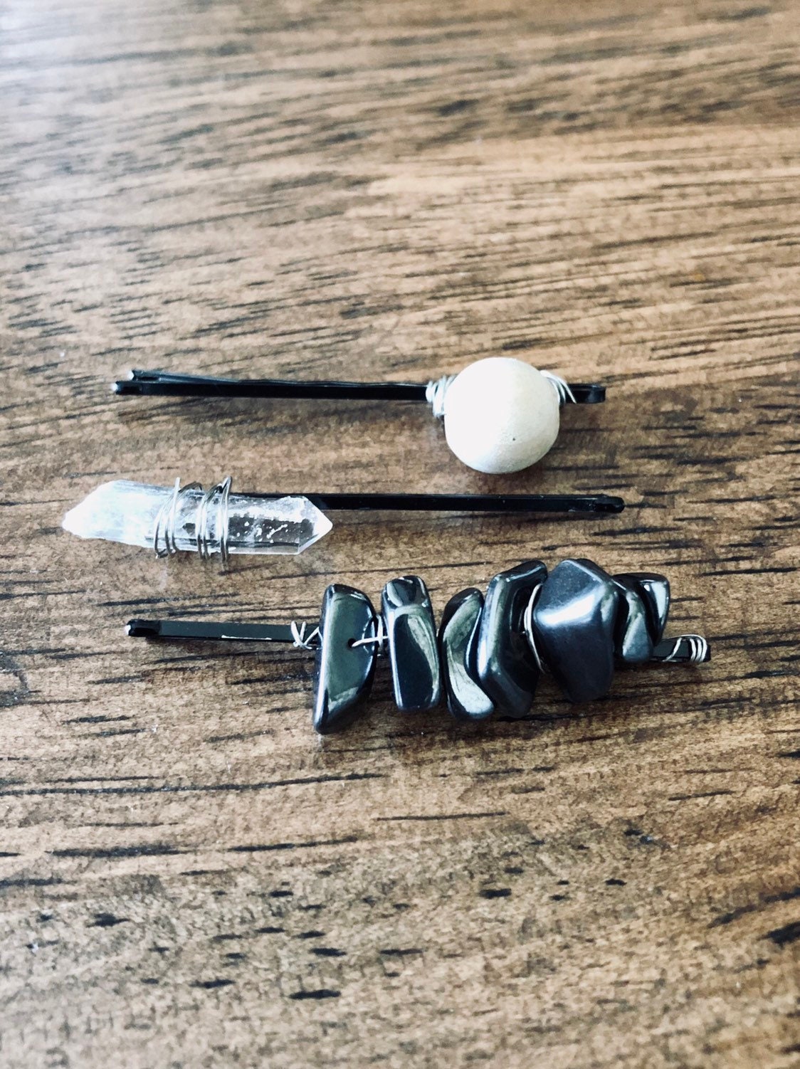 Boho Stone Bobby Pin Set Stone Wrapped Hair Pin Set Quartz Bobby