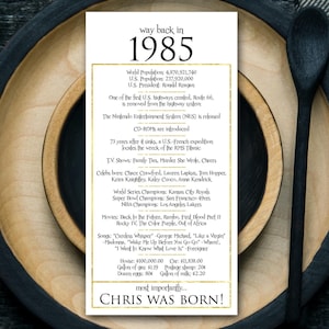 1985 - Birthday Table Place Cards, Happy 40th Birthday Gift for Her, 40th Birthday Party Decorations White and Gold, Black Gold, 40th Him