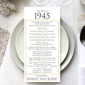 1945 - Birthday Table Place Cards, Happy 80th Birthday Gift for Him Her, 80th Birthday Party Decor White Gold, White Gold Party Decor
