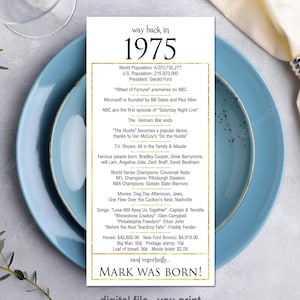 1975 - Birthday Place Cards, Happy 50th Birthday Gift for Her, Gold 50th Birthday Party Decorations,  Place Cards Birthday, 50th Birthday