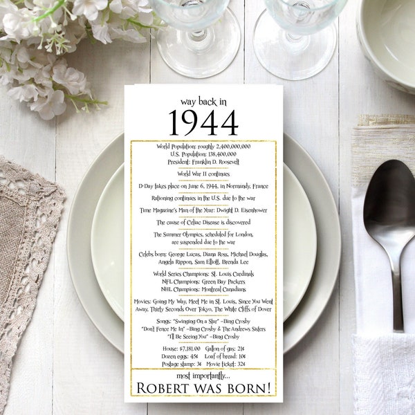 1944 - Birthday Table Place Cards, Happy 80th Birthday Gift for Him Her, 80th Birthday Party Decor White Gold, White Gold Party Decor