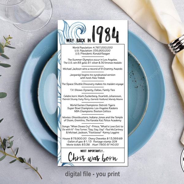 1984 - Birthday Table Place Cards, Happy 40th Birthday Gift for Her, 40th Birthday Party Decorations,  Place Cards Birthday, 40th Birthday