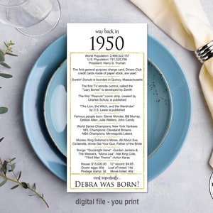 1950 - 75th Birthday Party Decorations,  Birthday Place Cards, 75th Birthday, Birthday Table Place Cards, Happy 75th Birthday Gift Her Him